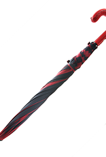 Red and Black Striped Umbrella with Red Leather Handle and Black Hand Stitching