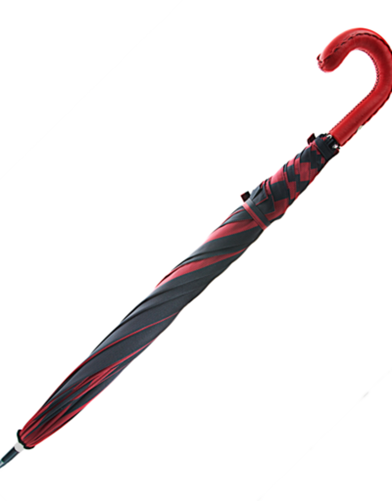 Burdi Red and Black Striped Umbrella with Red Leather Handle and Black Hand Stitching