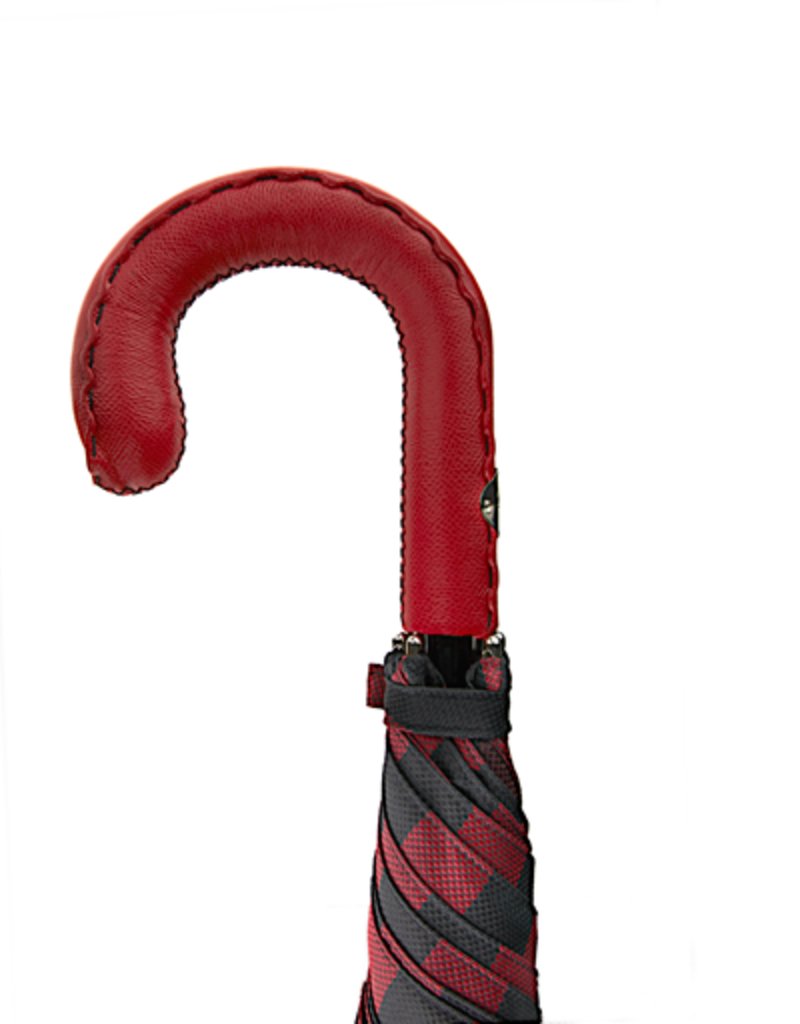 Red and Black Striped Umbrella with Red Leather Handle and Black Hand Stitching