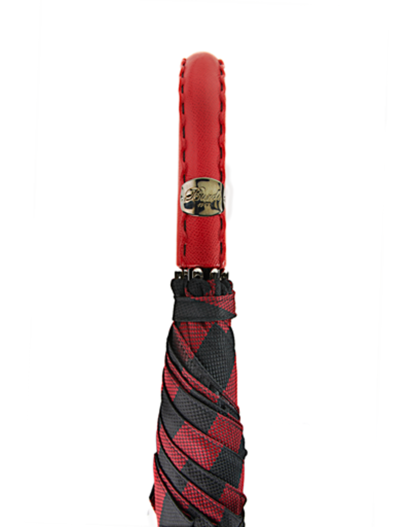 Red and Black Striped Umbrella with Red Leather Handle and Black Hand Stitching