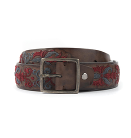 Embroidered Vacchetta Leather Belt - Red