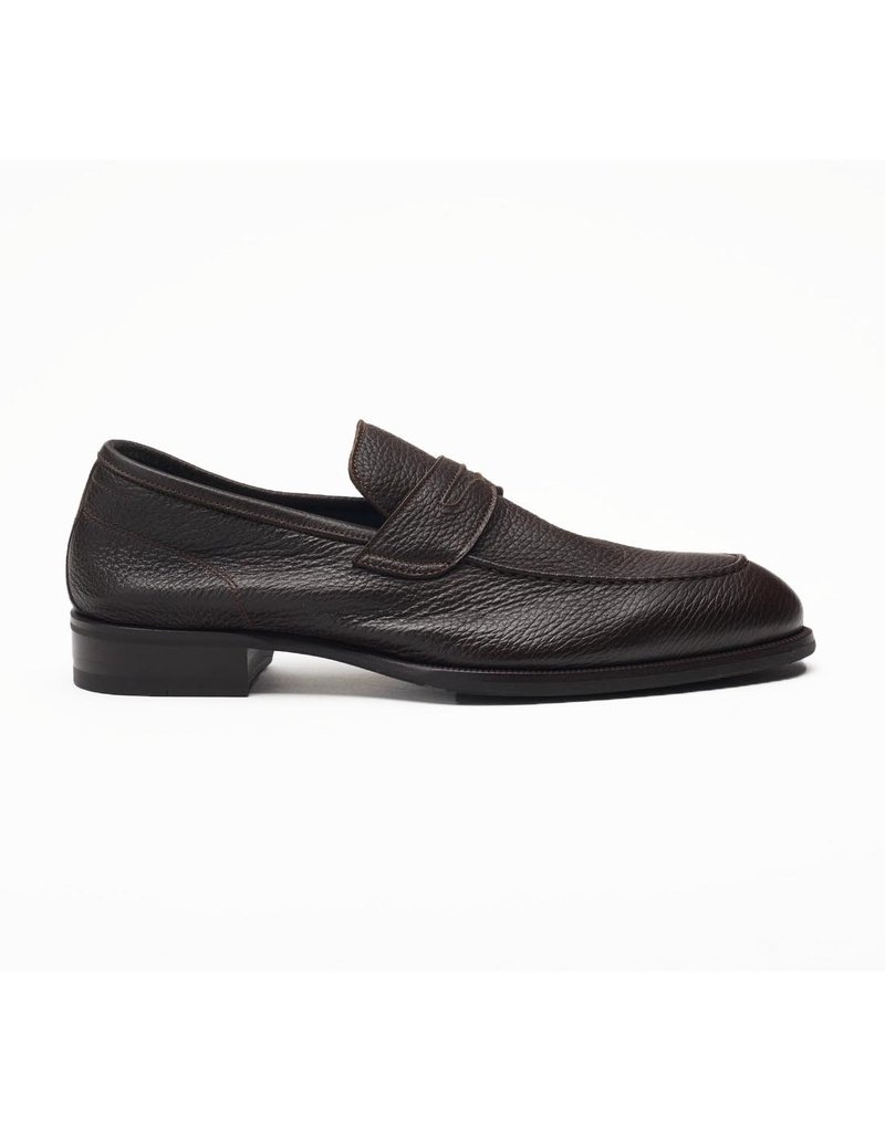 Textured Deerskin Penny Loafer, Rubber Sole BROWN
