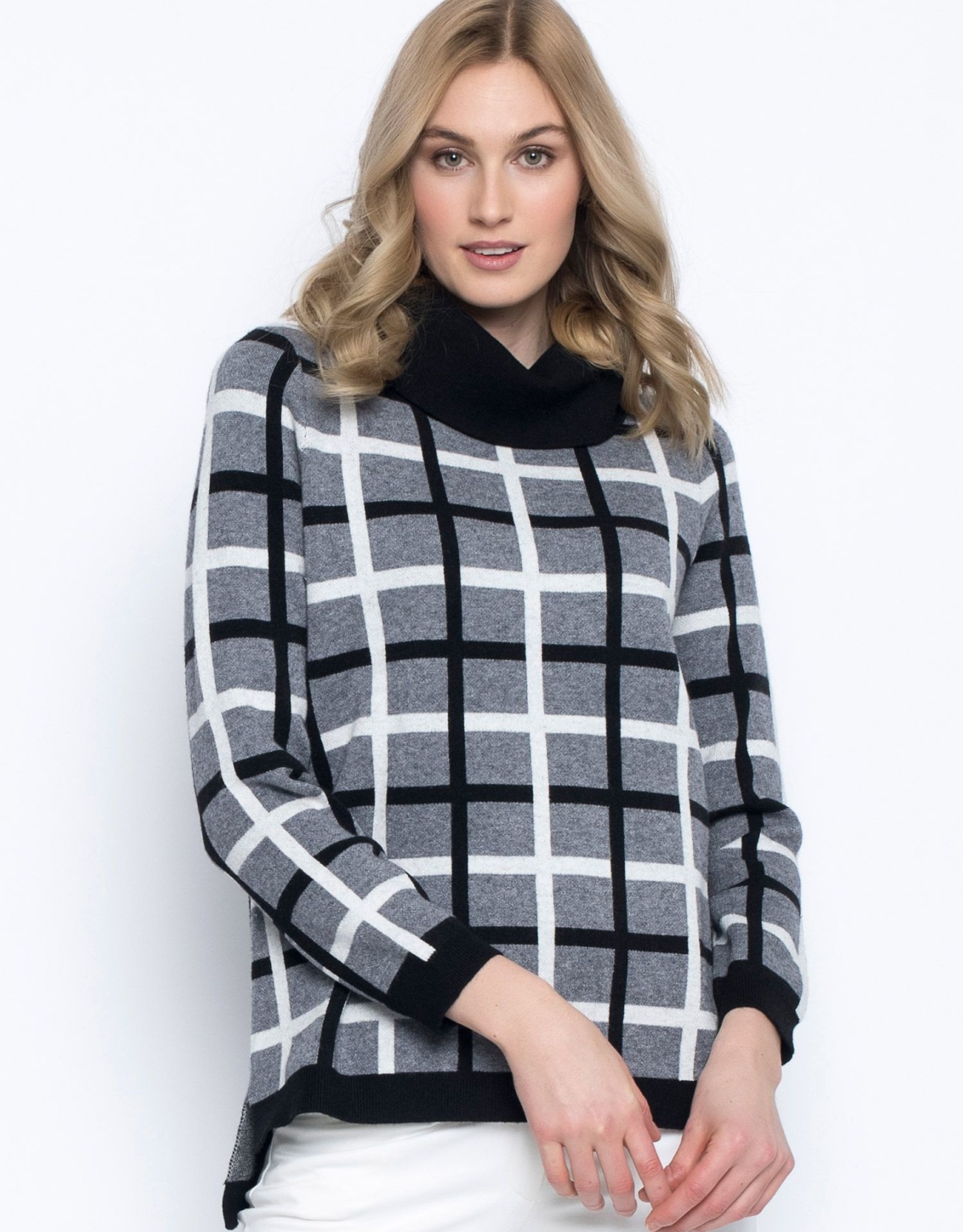 Picadilly Picadilly, Draped Neck Plaid Sweater, QK109