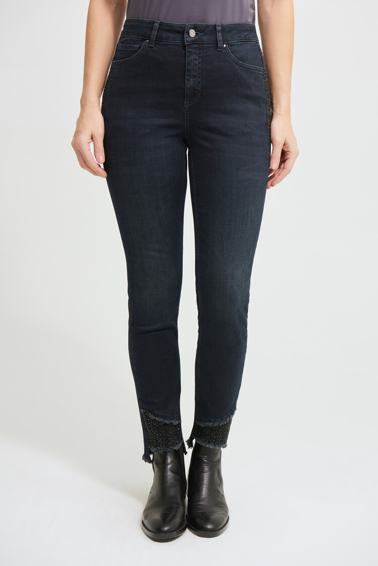 Joseph Ribkoff Joseph Ribkoff 213987 Classic Slim Denim Pant with 5 Pockets and Frayed Hem. Gunmetal Rhinestone Detail