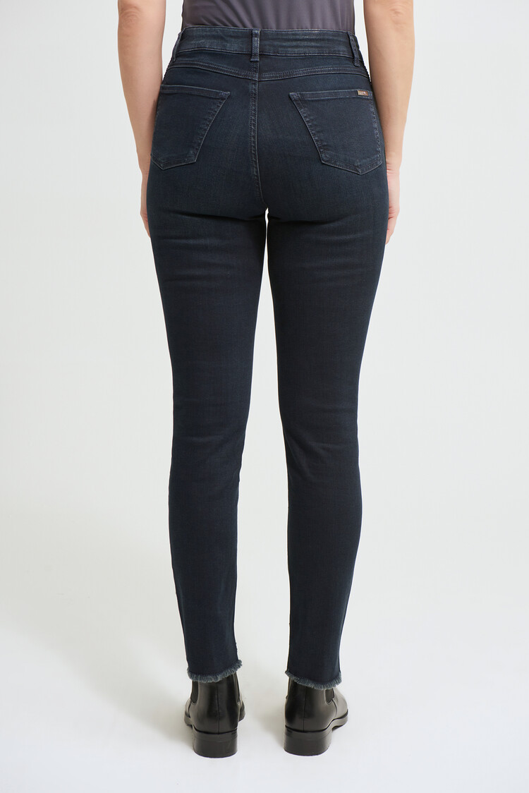 Joseph Ribkoff Joseph Ribkoff 213987 Classic Slim Denim Pant with 5 Pockets and Frayed Hem. Gunmetal Rhinestone Detail