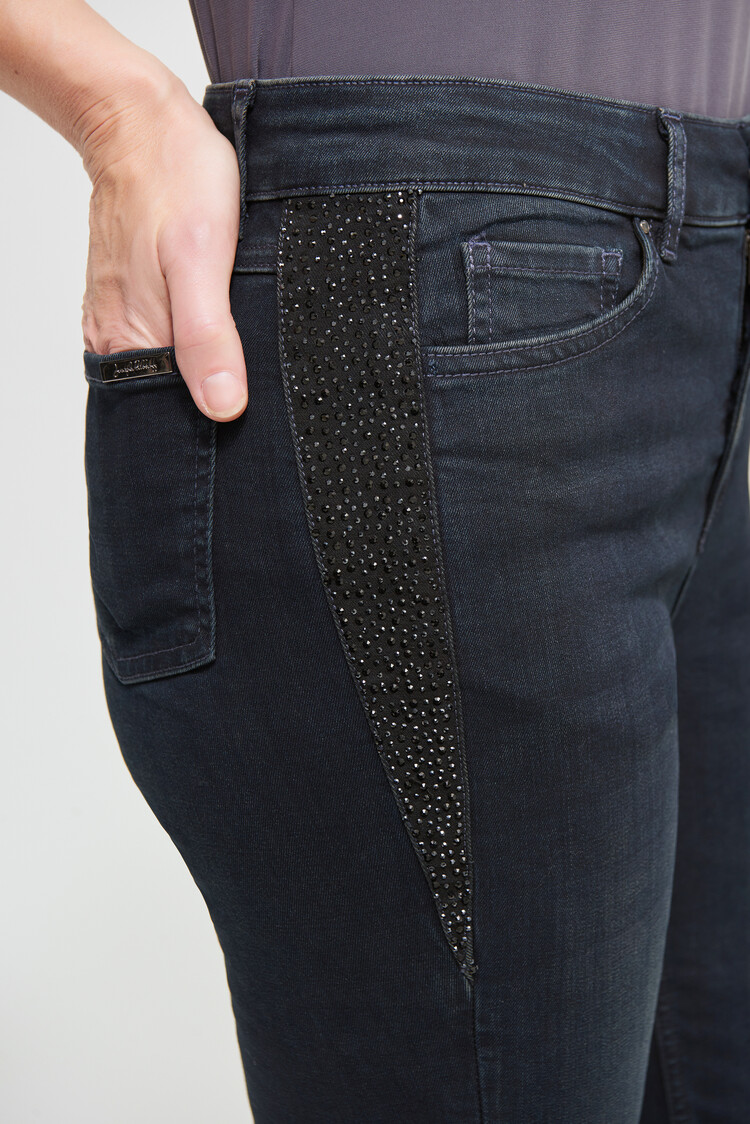 Joseph Ribkoff Joseph Ribkoff 213987 Classic Slim Denim Pant with 5 Pockets and Frayed Hem. Gunmetal Rhinestone Detail