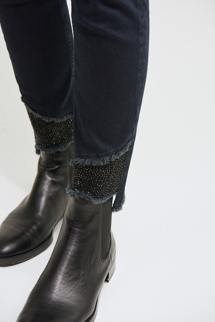 Joseph Ribkoff Joseph Ribkoff 213987 Classic Slim Denim Pant with 5 Pockets and Frayed Hem. Gunmetal Rhinestone Detail