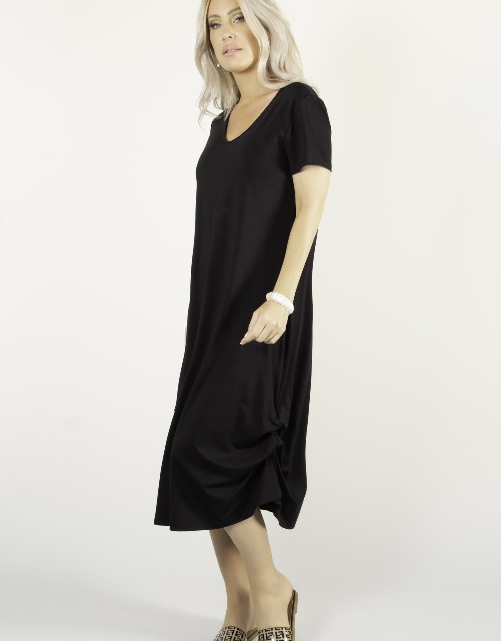 Pure Essence Pure Essence 210-5018 Bamboo V Neck Short Sleeve Dress With Side Bustles