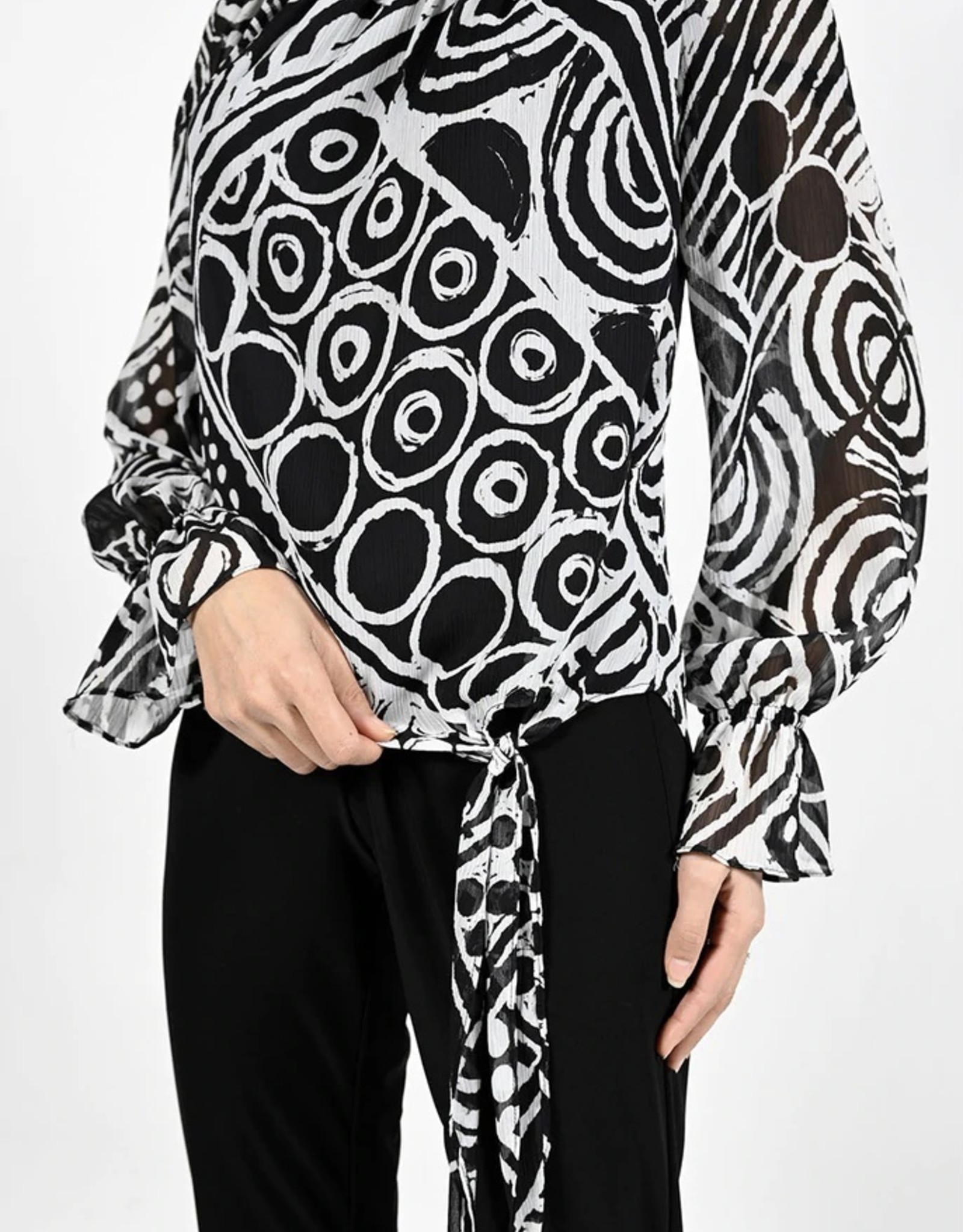 Frank Lyman Frank Lyman 221621 Boat Neck Blouse with fun Pattern and Tie at the side of the Waist