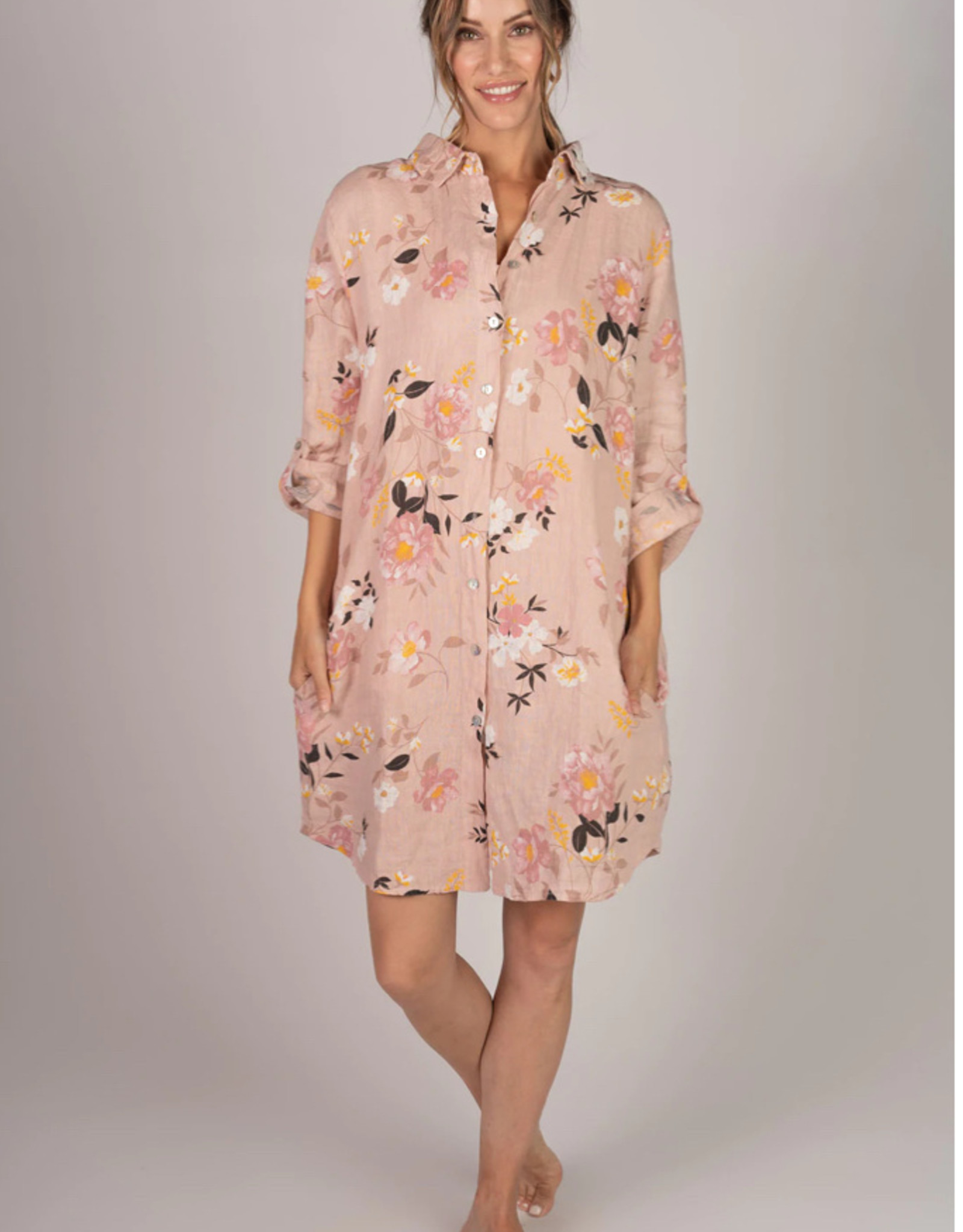 Me & Gee Me & Gee Roll Tab Sleeve Button Up Shirt Dress with Floral Pattern