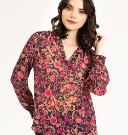 Renuar Renuar R5008 Ladies Sheer Patterned Blouse with Small Ruffle Neckline