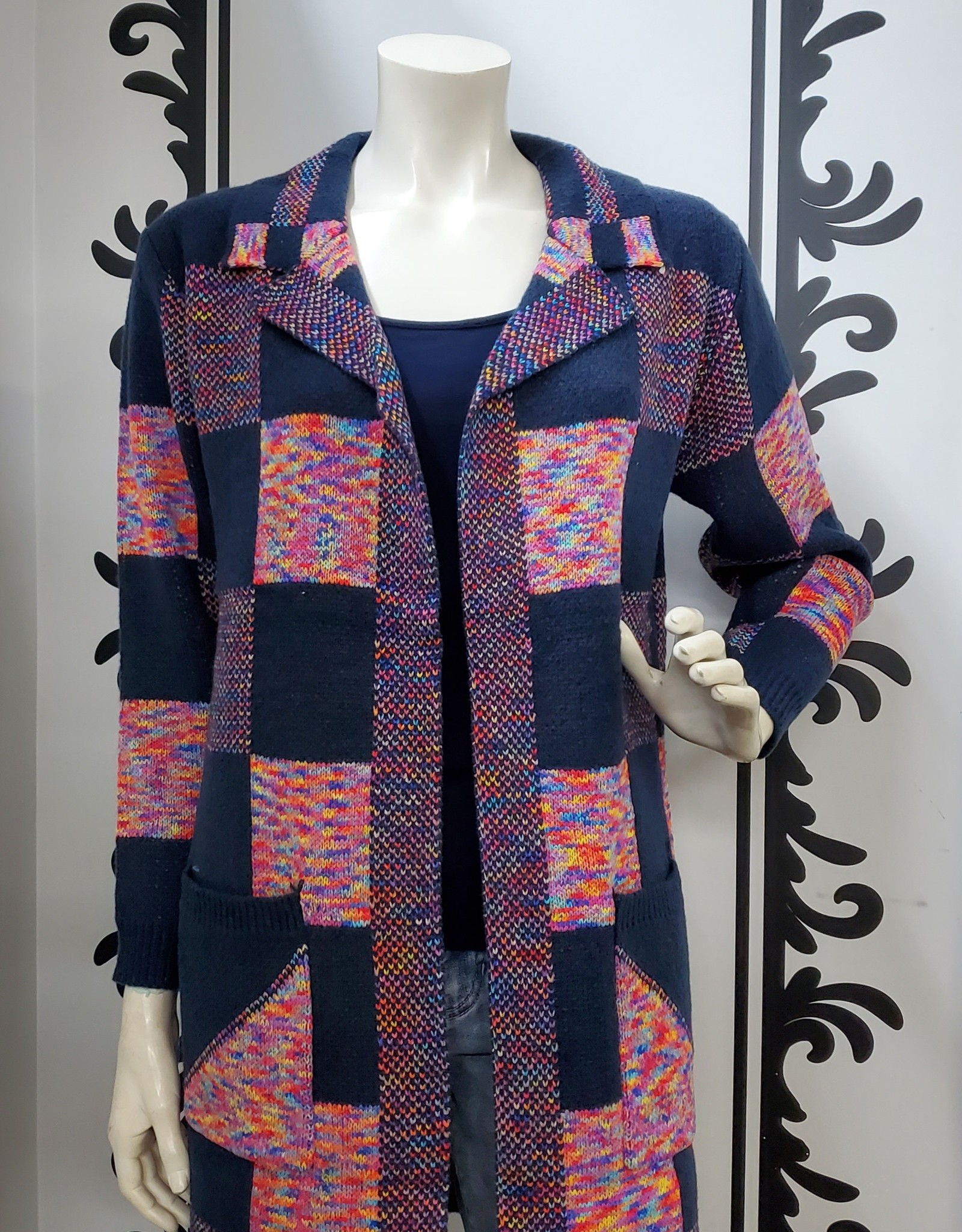 91500 Ladies Knit Multi Colour Cardigan with Large Front Pockets and Collar