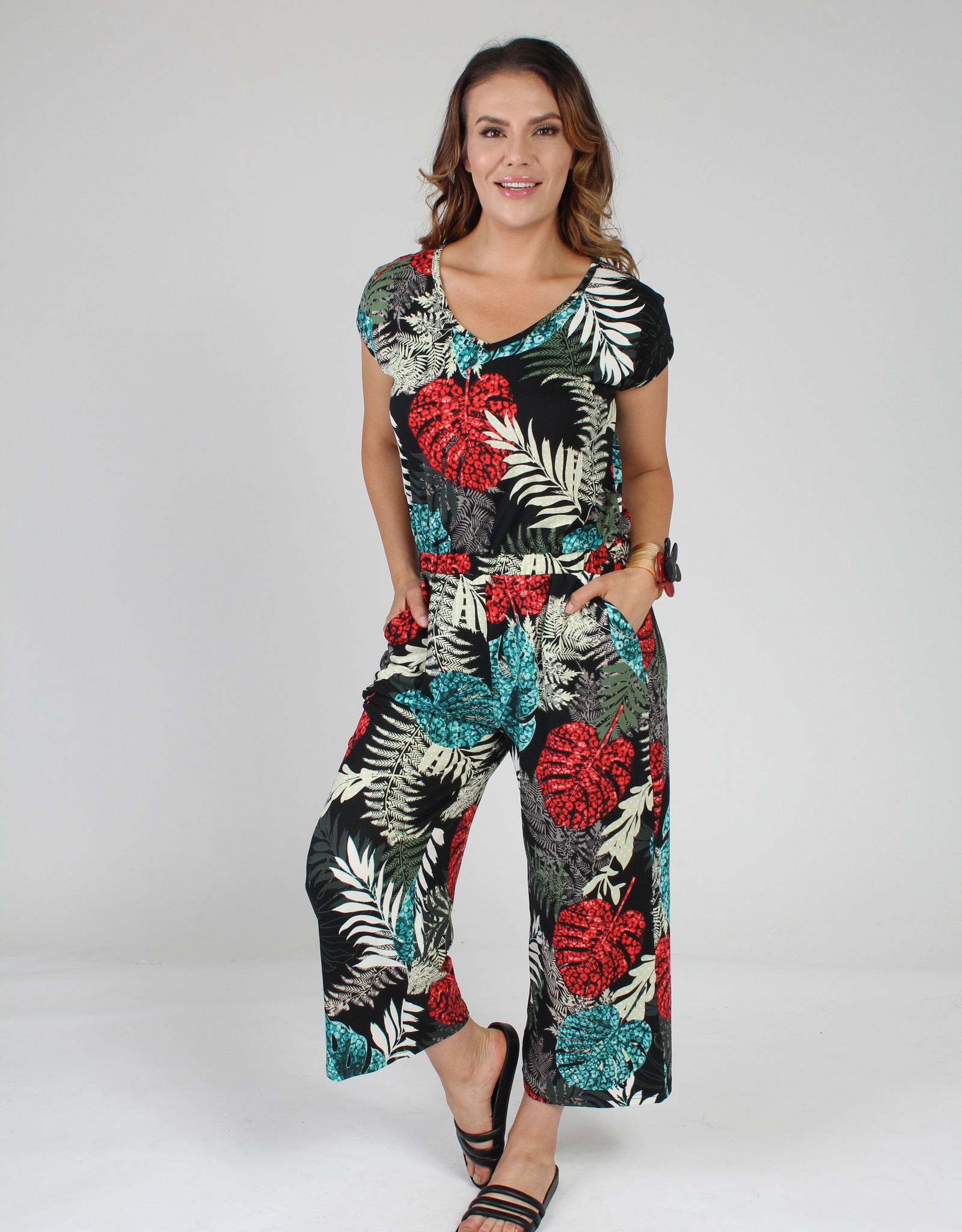 Fresh FX Fresh FX  Cropped Jumpsuit with Cap Sleeves and Button Closure