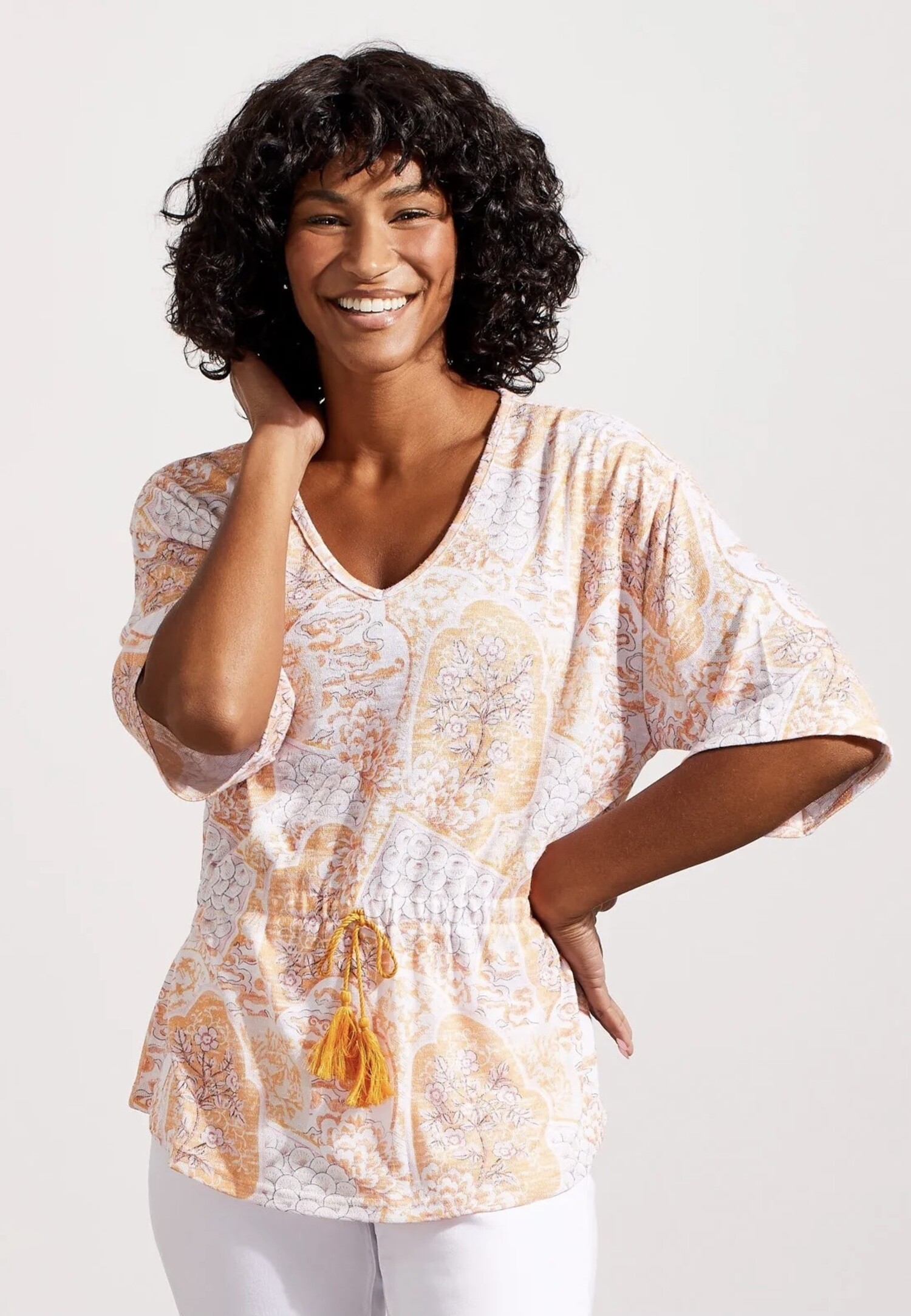Tribal 7796O V Neck Knit Top with Tassel Ties Main Street