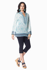 Minkas Lightweight Sheer V Neck Tunic with Beading Detail and Multi Print