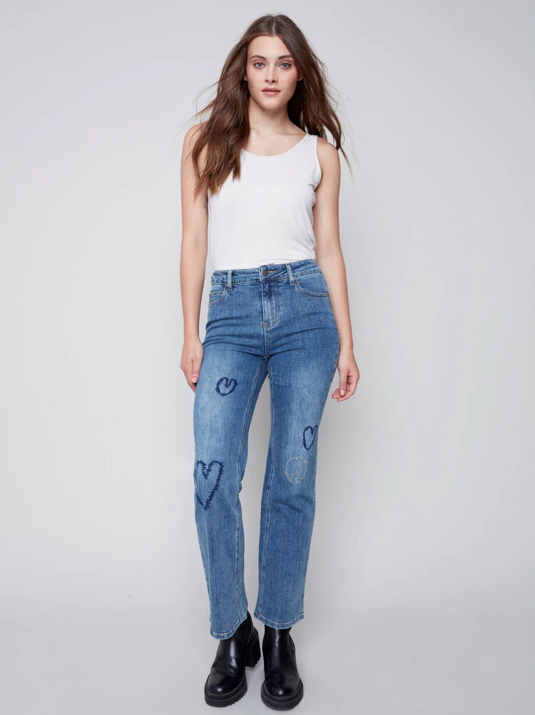 Charlie B Charlie B Collection C5435 Flare Leg Jean with Heart Embroidery 31" Inseam