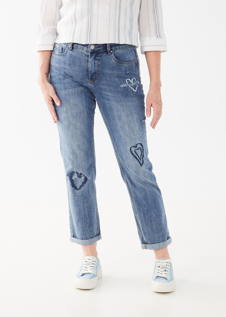 French Dressing Jeans FDJ 2039779 Girlfriend Ankle Denim with Embroidered Hearts