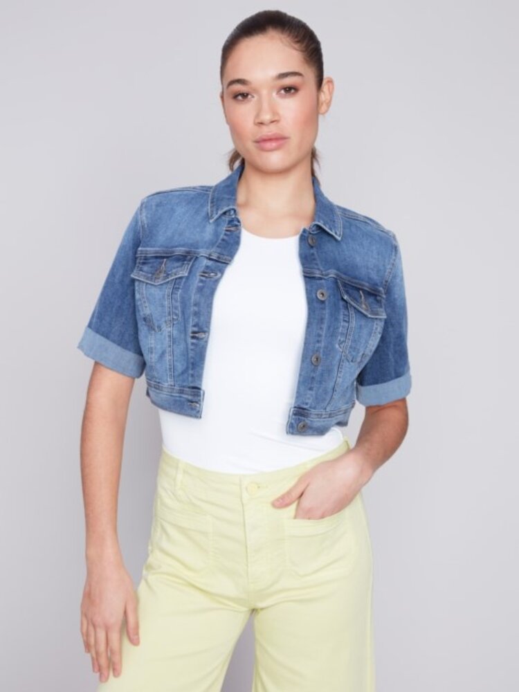 Charlie B Charlie B C6112X Cropped Jean Jacket w/ Short Sleeve