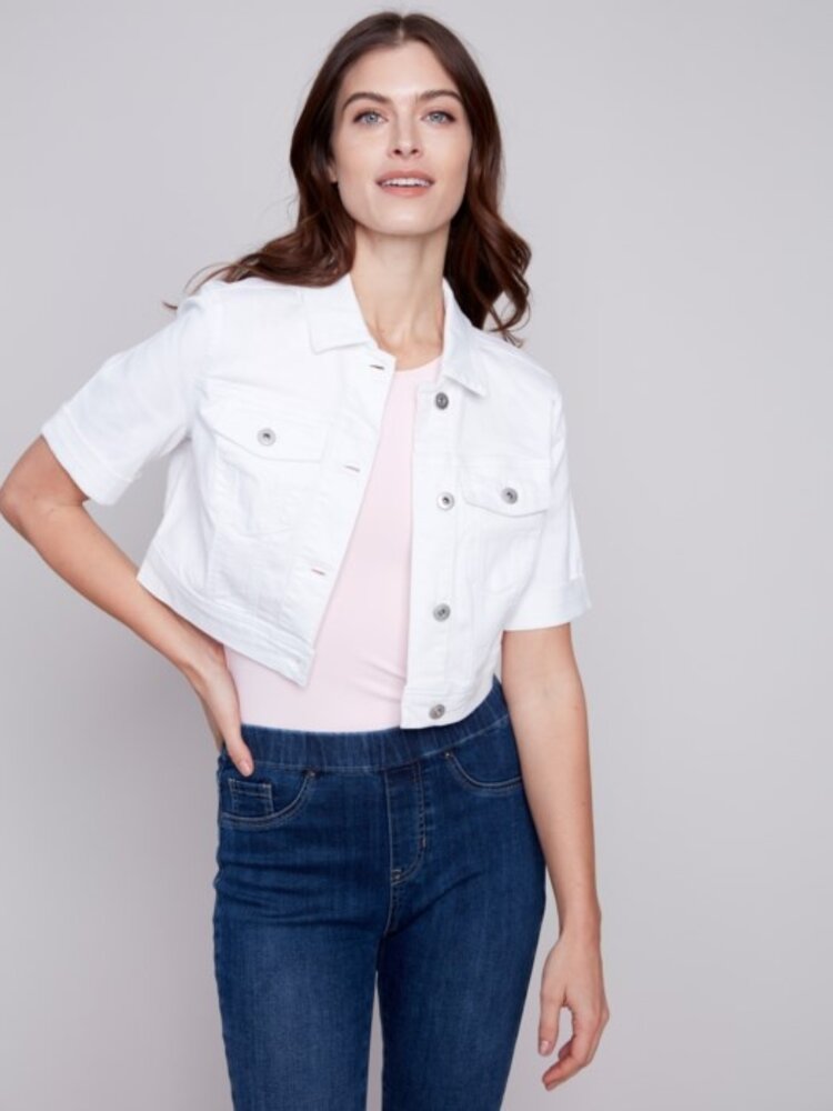 Charlie B Charlie B C6112X Cropped Jean Jacket w/ Short Sleeve