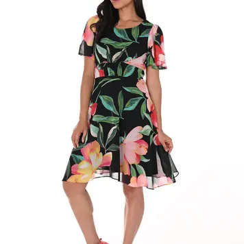 Frank Lyman Frank Lyman Floral Print Short Sleeve Dress W/ Waistband 246156
