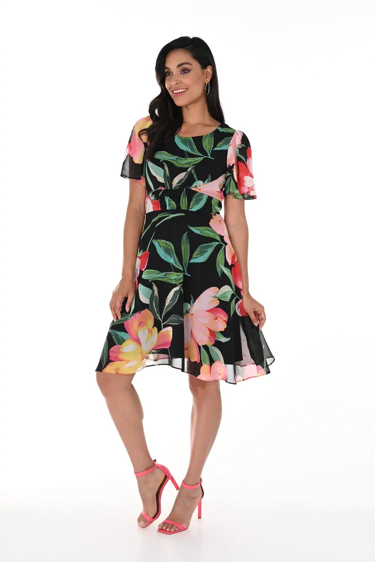 Frank Lyman Frank Lyman Floral Print Short Sleeve Dress W/ Waistband 246156