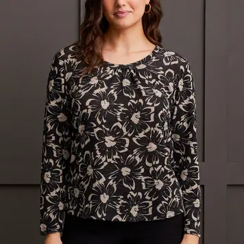 Tribal Tribal Long Sleeve U Neck Top W/ Shirring 1873O