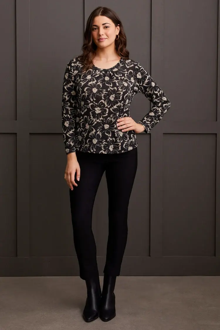 Tribal Tribal Long Sleeve U Neck Top W/ Shirring 1873O