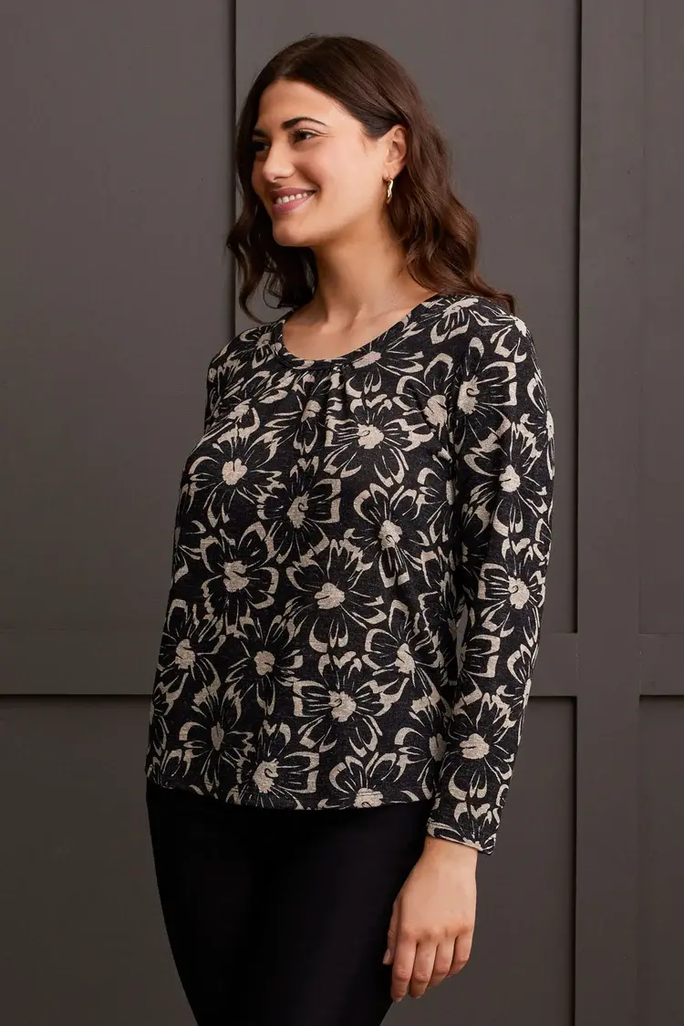 Tribal Tribal Long Sleeve U Neck Top W/ Shirring 1873O