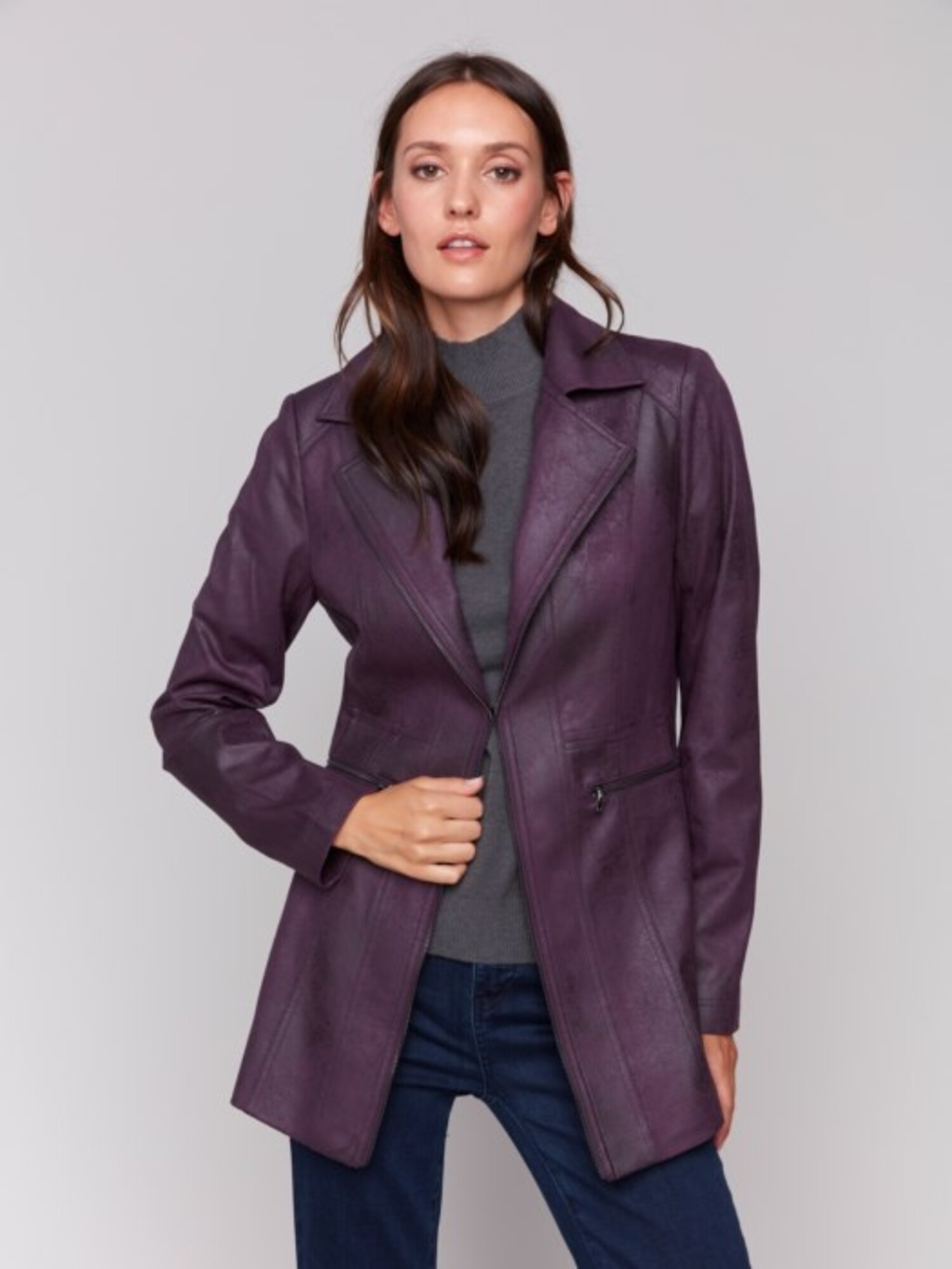 Long Vintage Faux Suede Jacket Plum