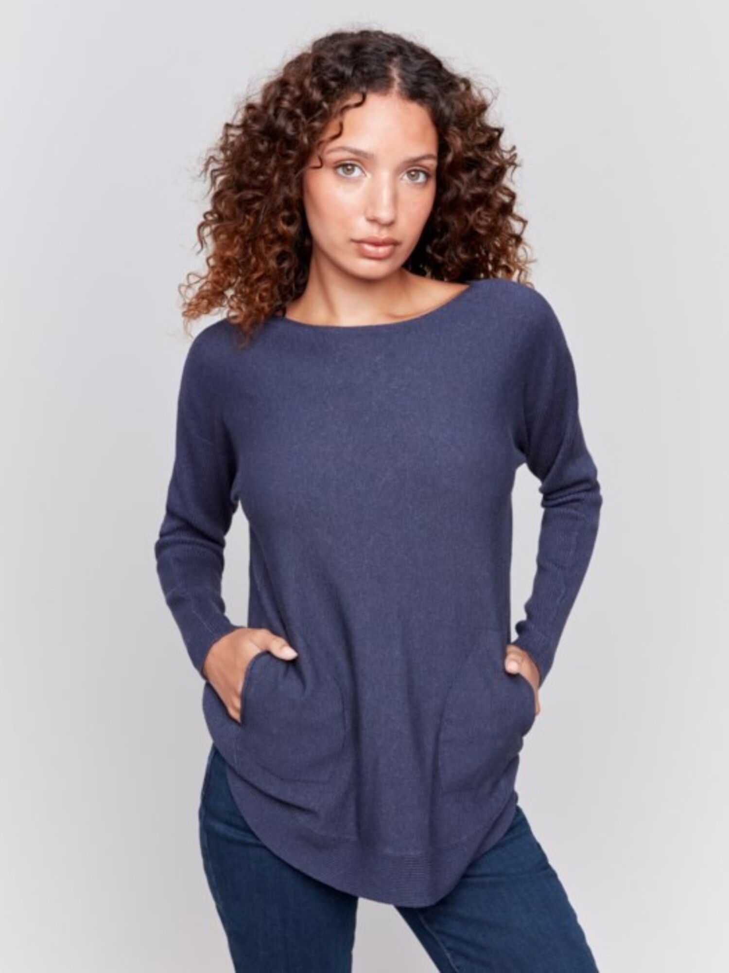 Charlie B C2170W Round Hem Sweater w Front Pockets Back Lacing Main Street Clothing Company