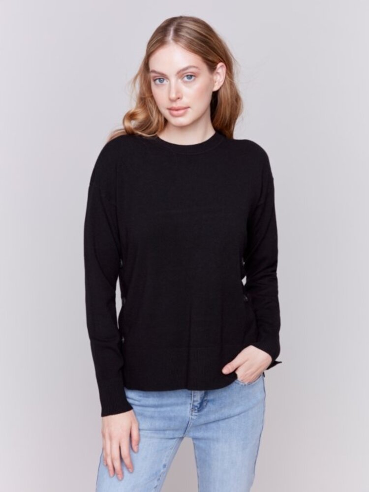Charlie B Charlie B C2668 Crew-Neck Drop Shoulder Sweater w/ Side Button Detail