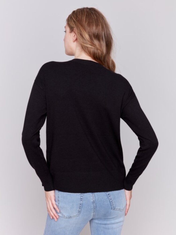 Charlie B Charlie B C2668 Crew-Neck Drop Shoulder Sweater w/ Side Button Detail