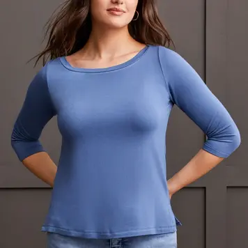 Tribal Tribal 5588O 3/4 Sleeve Wide Crew Neck Top w/ Side Slits