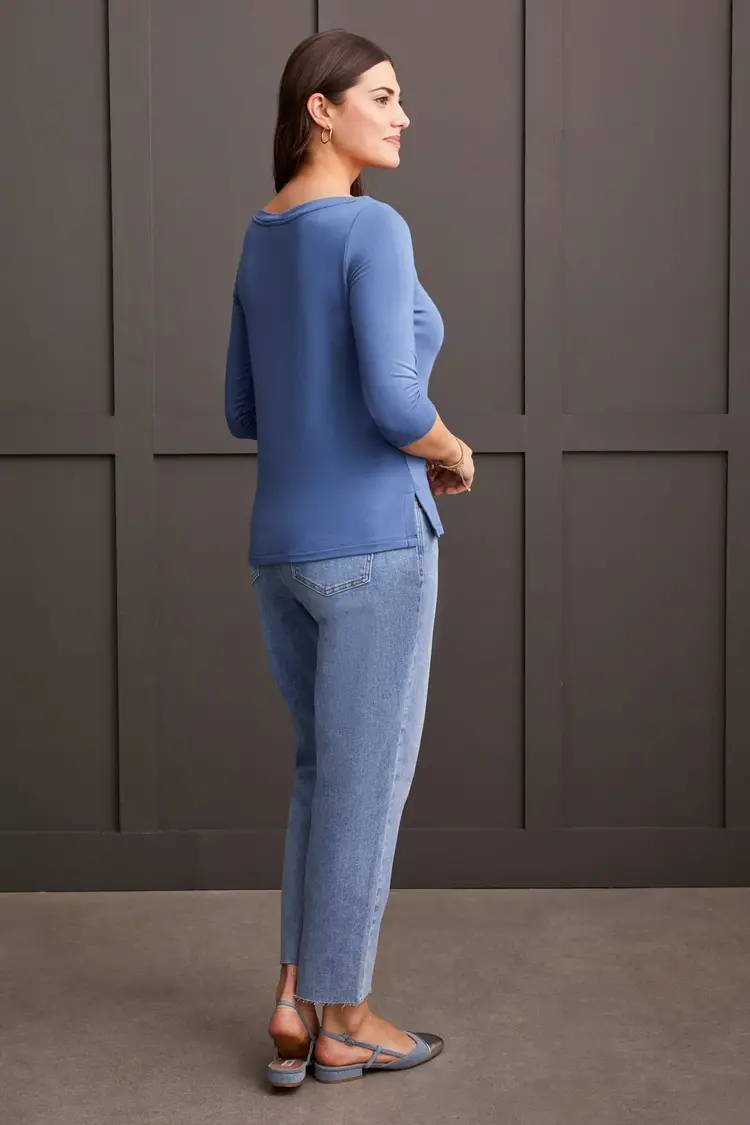 Tribal Tribal 5588O 3/4 Sleeve Wide Crew Neck Top w/ Side Slits