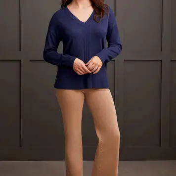 Tribal Tribal 1924O Long Sleeve V-Neck Sweater w/ Cables