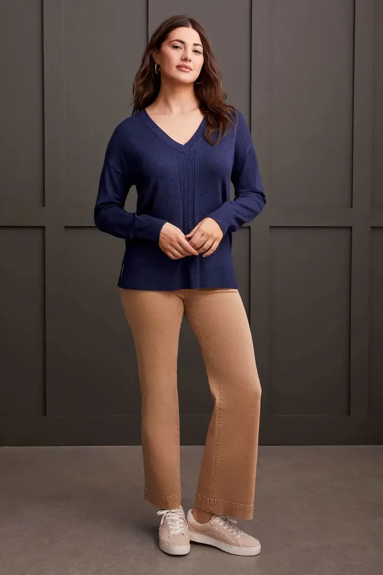 Tribal Tribal 1924O Long Sleeve V-Neck Sweater w/ Cables