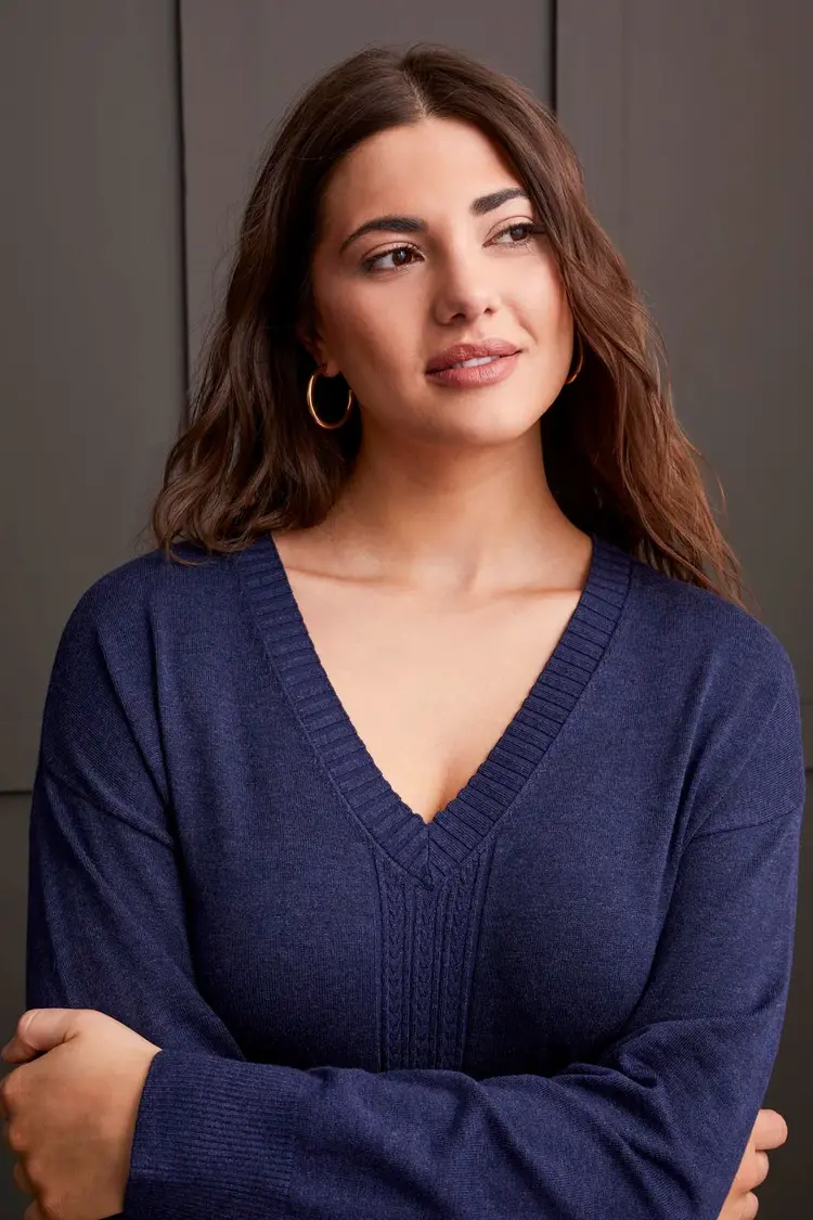 Tribal Tribal 1924O Long Sleeve V-Neck Sweater w/ Cables