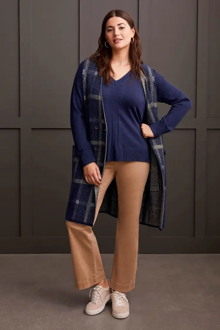 Tribal Tribal 1924O Long Sleeve V-Neck Sweater w/ Cables