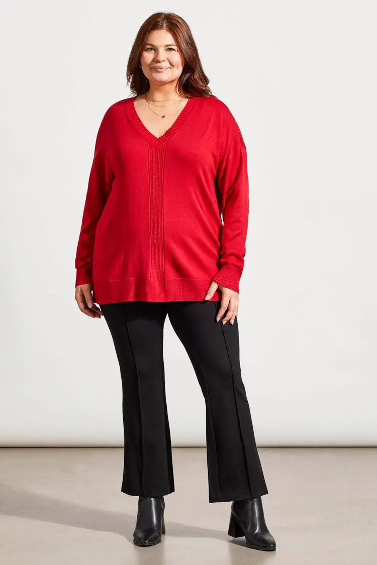 Tribal Tribal 1924V Size Inclusive Long Sleeve V-Neck Sweater w/ Cables