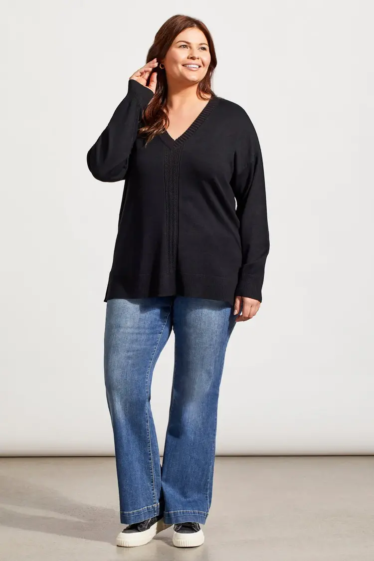 Tribal Tribal 1924V Size Inclusive Long Sleeve V-Neck Sweater w/ Cables