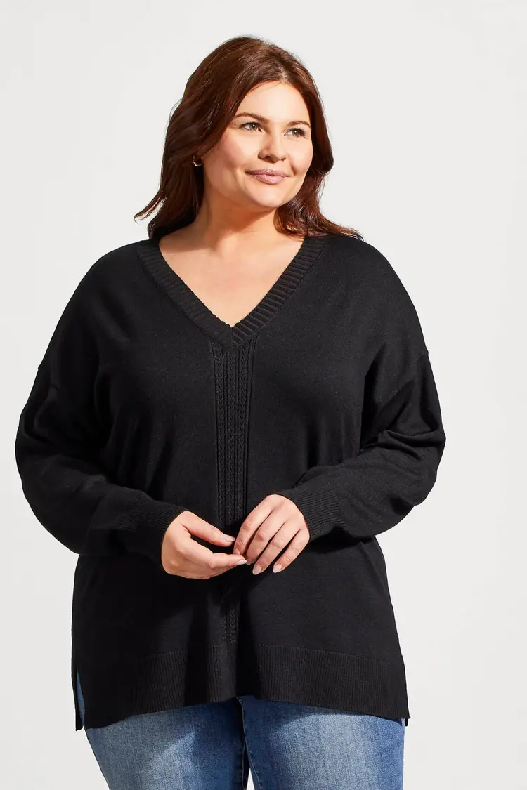 Tribal Tribal 1924V Size Inclusive Long Sleeve V-Neck Sweater w/ Cables