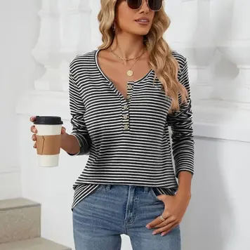 Crew Neck Button Loose Long Sleeve Striped Top HLL8103