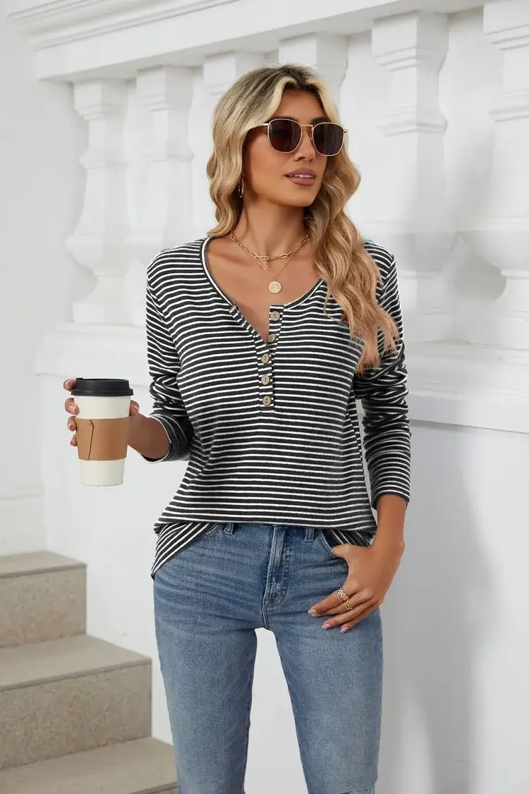 Crew Neck Button Loose Long Sleeve Striped Top HLL8103