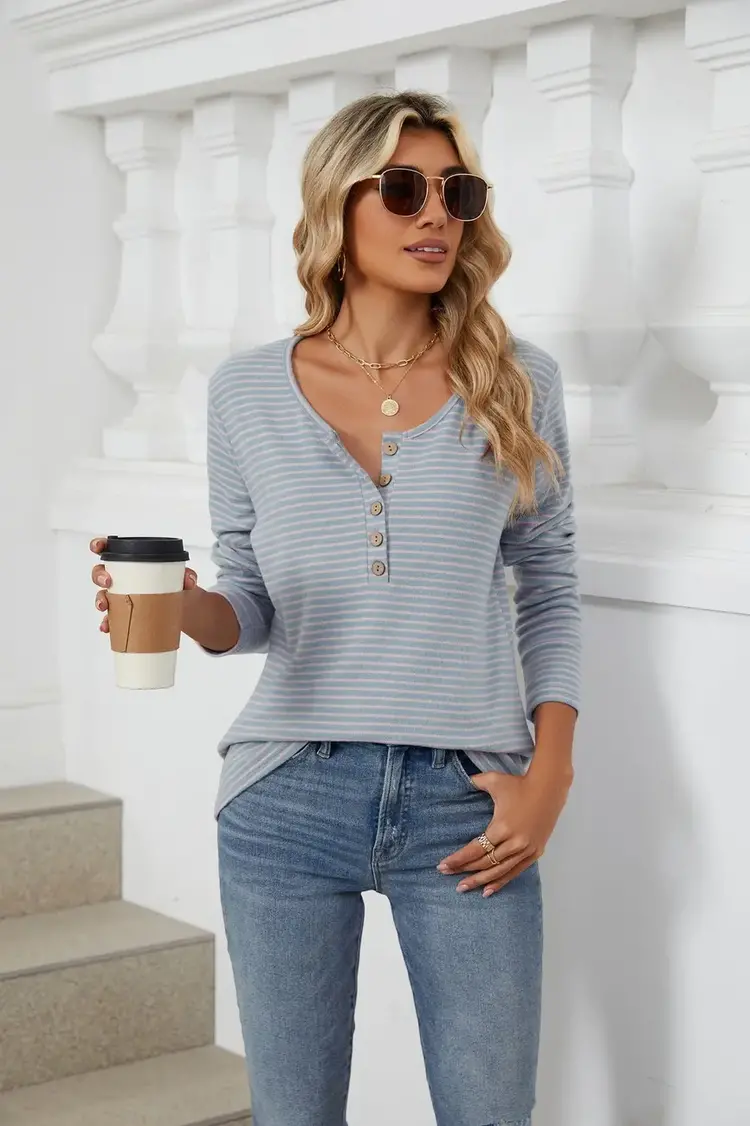 Crew Neck Button Loose Long Sleeve Striped Top HLL8103