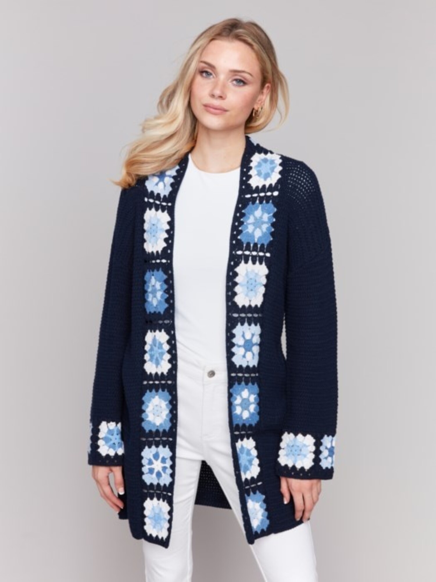 Charlie B C2789 Long Sleeve Knit Cardigan w/ Crochet Border - Main