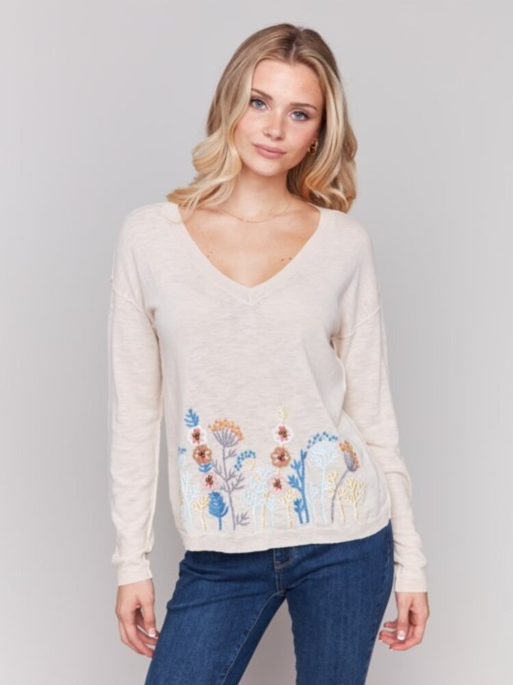 Charlie B Charlie B C2802 Border Embroidered V-Neck Light Cotton Sweater