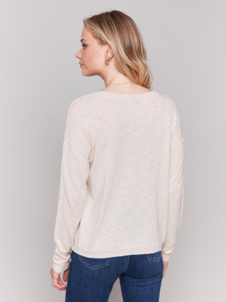 Charlie B Charlie B C2802 Border Embroidered V-Neck Light Cotton Sweater