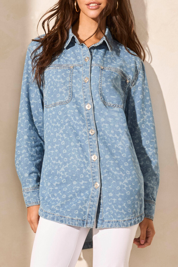 Tribal Tribal Light Printed Jean Button Up Overshirt 5800O