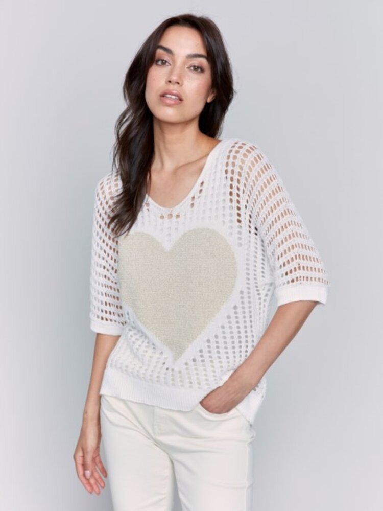 Charlie B Charlie B Fishnet V Neck 3/4 Dolman Sleeve Sweater W/ Heart Detail C2792