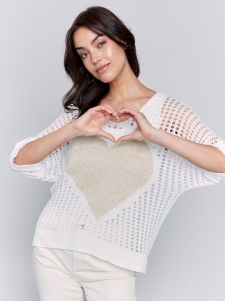 Charlie B Charlie B Fishnet V Neck 3/4 Dolman Sleeve Sweater W/ Heart Detail C2792